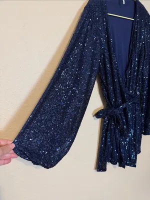 Free People Christa Long Sleeve‎ Sequin Romper Navy Blue Size XS thumbnail 5