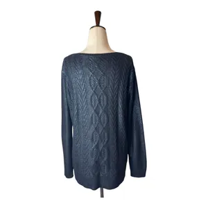 Club Monaco Sweater Women Medium Navy Blue Metallic‎ Cable Knit Pullover Preppy thumbnail 3