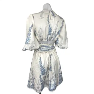 Shein White Plants Print Cut Out Tie Back Lantern Sleeve Boho A Line Dress Sz S thumbnail 5