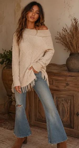 Free People Broken Glass Textured Off-Shoulder‎ Cream Tunic Sweater thumbnail 1