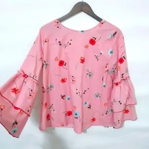 Loft M Red Pinstripe Floral Boho Bell Sleeve Top thumbnail 1