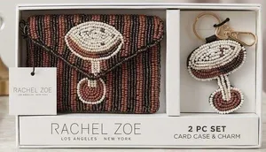 Rachel Zoe NWT Brown Expresso Beaded Card Case Holder Key Charm Boxed Gift Set thumbnail 1