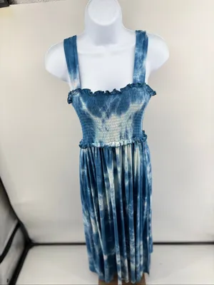 Natural Life Blue Tie Dye Smocked Dress Boho Ruffle Strap Size XS/Small thumbnail 11