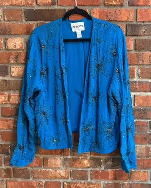 Chico’s womens beaded embroidered open front jacket cardigan turquoise blue 3 thumbnail 1