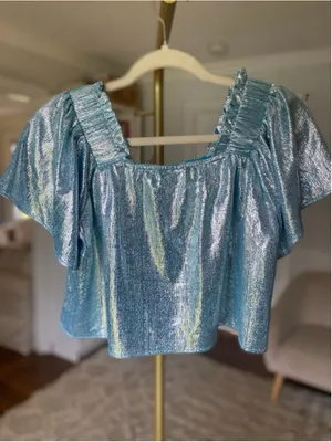 Queen of Sparkles Metallic Crop Top Blue Puff Sleeve XS Festival Party Glam Boho thumbnail 3
