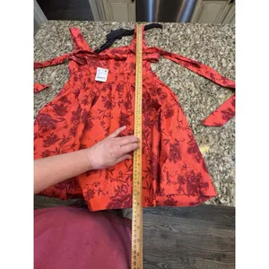 Free People Meet Me In Maui Red Printed Dress Size Medium Pinafore Bow thumbnail 11