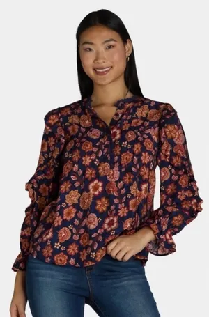 The Pioneer Woman XL Floral Pleated Ruffle Henley Blouse Boho NWT thumbnail 1