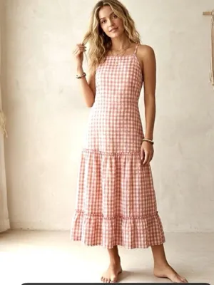 Nanette Lepore Gingham Plaid Crinkle Tiered Midi Dress 10 Pink Yellow NWOT thumbnail 2