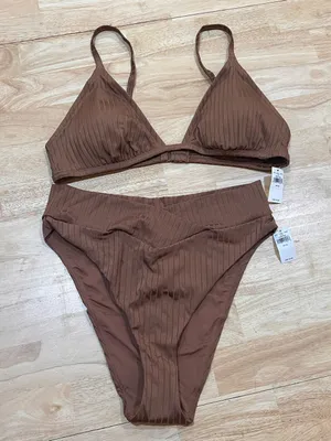 Aerie Swim XL Ribbed Top& Shine Crossover High Cut Cheeky Bikini thumbnail 1