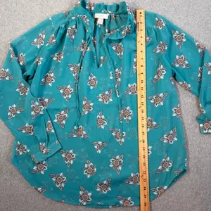 LOFT Outlet Women's Medium Sheer Teal Floral Ruffle Tie Neck Blouse Top thumbnail 7