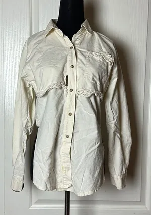 Vtg Cream Western Lace Button Up Long Sleeve High Low Unique Shirt thumbnail 1