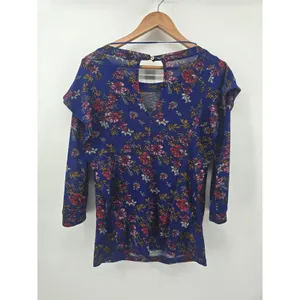 Free People Ruffle Front Top Womens S Blue Floral 3/4 Sleeve Knit‎ Keyhole Back thumbnail 3