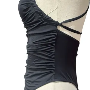 Solid Black Ruched Square Neck Cheeky One-Piece Swimsuit Size Medium thumbnail 6