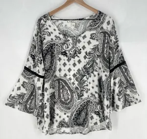 Tantrums Black & White Paisley Print Crochet Lace Trim Flare Sleeve Top Size‎ L thumbnail 1
