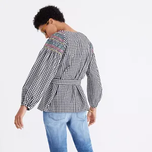 Madewell Smocked Black & White Checkered Gingham Tassel Top with Embroidery S thumbnail 5