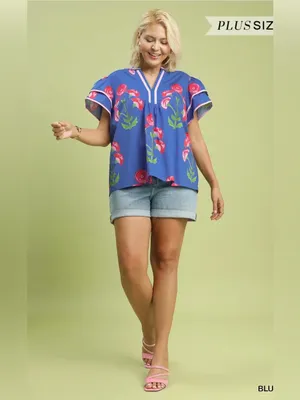 New! Umgee Cotton Plus Size Blue Floral V-Neck Women’s Top Size 2X thumbnail 3