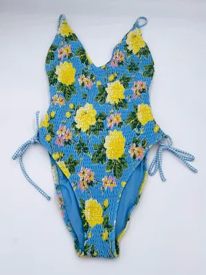 Aerie Smocked Plunge One Piece Swimsuit Size Small Blue Yellow Floral Beachy thumbnail 5