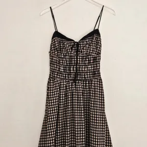 NIA Black Tan Gingham Smocked Midi Thomas Dress Lace Trim Pockets Womens Medium thumbnail 3