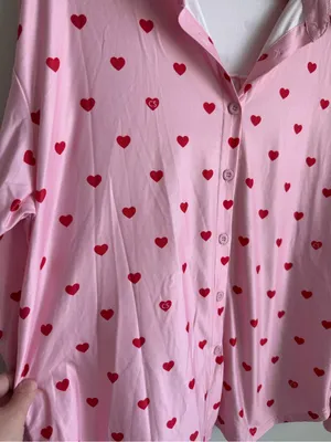 Pink Red Heart Print Matching Pajama Set Button Down Wide Leg Pants Size Medium thumbnail 5