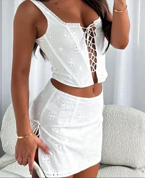 White Fox Boutique White Eyelet Mini Skirt Set thumbnail 1