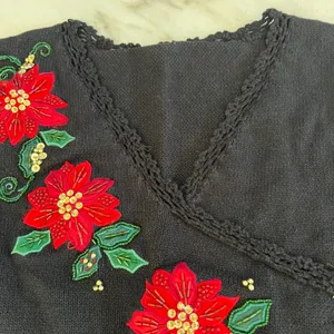 Black Poinsettia Embroidered‎ Long Sleeve V Neck Ugly Christmas Sweater Women thumbnail 2