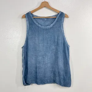 Pronto Moda Italy Blue Mineral Wash Linen Blend Tank Top XL Scoop Neck Womens thumbnail 3