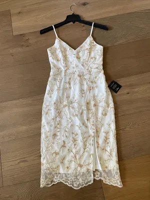 Starleena Cream and Taupe Floral Embroidered Bodycon Midi Dress Size Small NWT thumbnail 12
