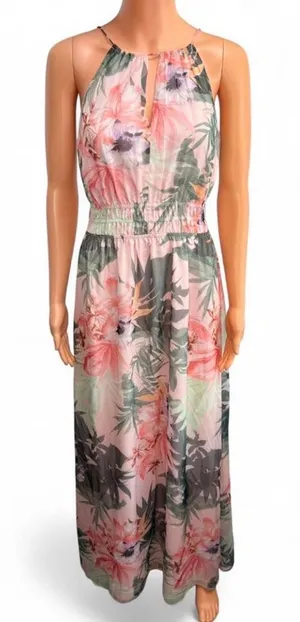 Guess multicoloured floral maxi dress Size S. Lightweight halter maxi with a tropical floral print. Blush pink and soft green tones. Elastic waist for a flattering fit. Sleeveless and flowy for warm days. thumbnail 1