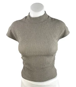 Zara Women's Gray Smocked Short Cap Sleeve Mock Neck Textured Crop Top Size S thumbnail 1