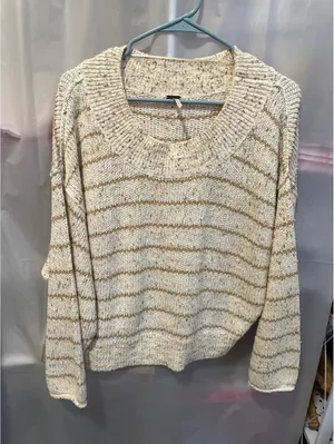 Free People Cream and Tan Striped Knit Sweater XS thumbnail 1