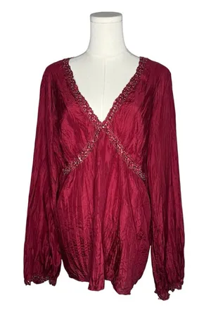 Vintage Red Textured Silk Beaded Neckline Babydoll Top Vampy Y2K Fairy Blouse thumbnail 1