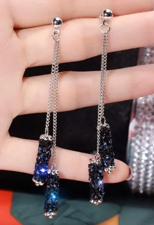 Cylindrical Crystal Beads Chain Stud Drop Earrings Silver thumbnail 1
