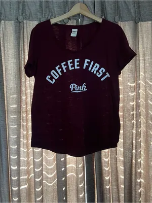 Y2K PINK Victoria's Secret Women's 'Coffee First' Deep Wine Tee Size Large thumbnail 2