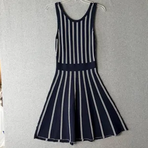 Magia USA Navy Blue White‎ Striped Knit Fit Flare Midi Dress Sleeveless Large thumbnail 3
