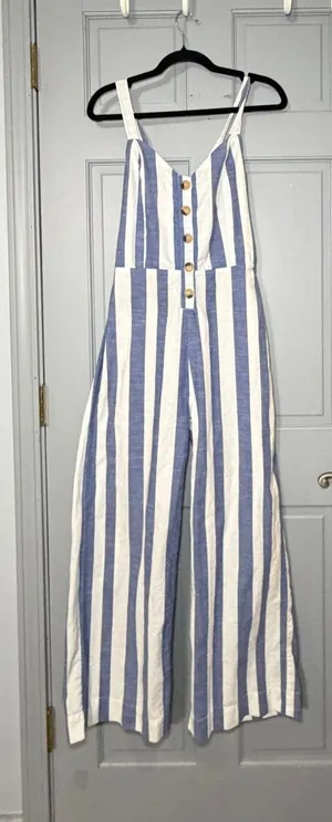 Japna Blue and White Vertical Stripe Wide-Leg Jumpsuit thumbnail 1