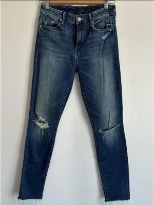 MOTHER Denim High-Waisted Looker Ankle Fray Furiously Happy Distressed Blue thumbnail 2