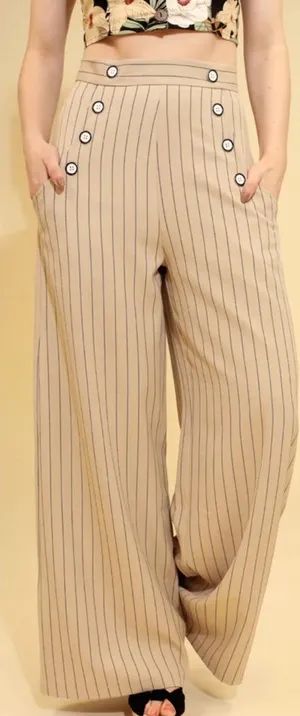Hell Bunny 30s 40s Caspian Beige Stripe Swing Sailor Trousers Retro Pinup thumbnail 1