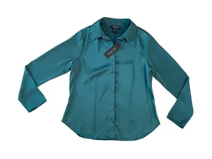 Rachel Zoe Women Teal Green Satin Long Sleeve Button Down Blouse Size M NWT thumbnail 1