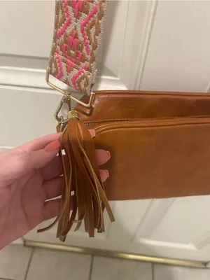Tan Crossbody Camera Bag with Pink Patterned Strap and Tassel thumbnail 2