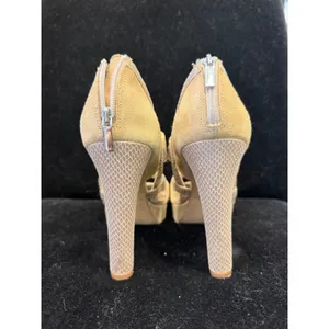 White House Black Market Snakeskin Suede Platform Peep Toe Heels Tan‎ Size 8.5 thumbnail 2