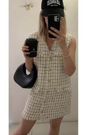 ANINE BING Janet Tweed Dress in White Plaid Size Medium NWT thumbnail 13