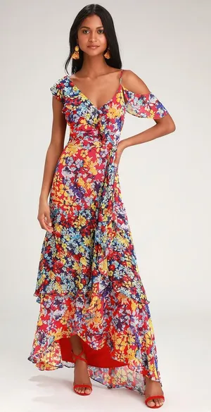 Lulu’s Radiant Rudy Red Floral Print Chiffon Maxi Dress Medium NWT thumbnail 1