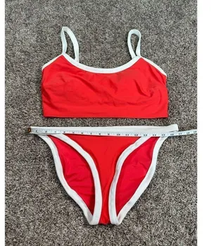 aerie bikini swim set red white ribbed scoop neck longline matching set L thumbnail 4