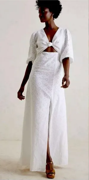 NWT Hutch Anthropologie White Eyelet Cutout Maxi Dress Puff Sleeve Women’s 12 P thumbnail 1
