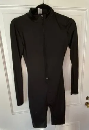 K Mock Neck Front‎ Zip Thigh Length Black Bodysuit thumbnail 1