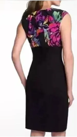 Trina Turk Black Multicolor Floral Print Cap Sleeve Silk Sheath Dress Size 8 thumbnail 1