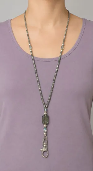 Silver Gray Beaded ID Badge Holder Lanyard 32 Inch Magnetic Clasp Clip thumbnail 1