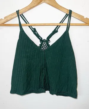 Aerie Dark Green Ribbed Lace-Back Floral Cami Crop Top thumbnail 1