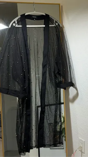 Boutique Gold Beads Embellished Mesh Kimono Robe, Black, Size Large thumbnail 1