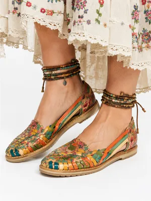 Indios by Impucalza Mexican Leather Floral Woven Huarache Boho Flats US 8 MX 25 thumbnail 3